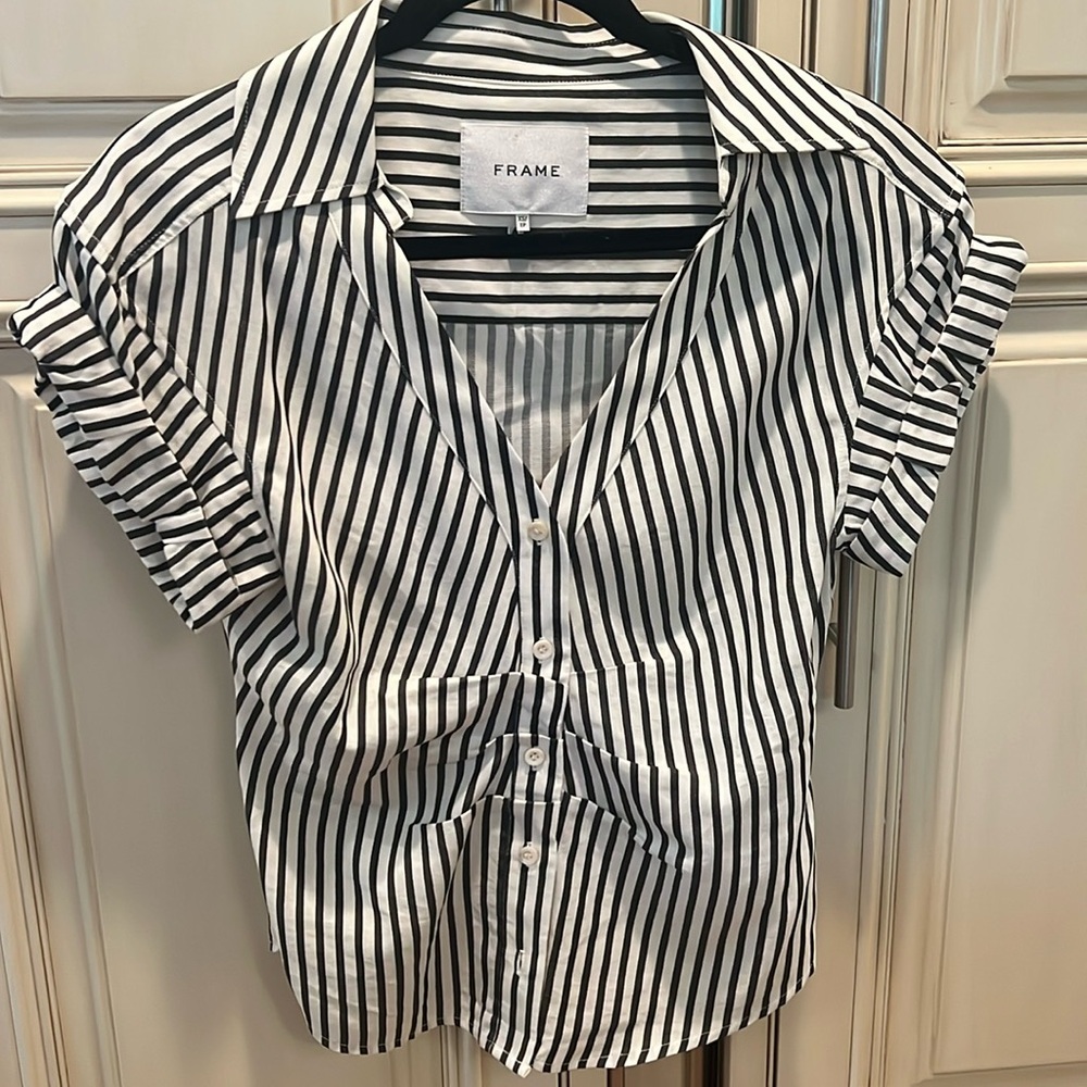 Frame black and white striped ruched blouse. XS
